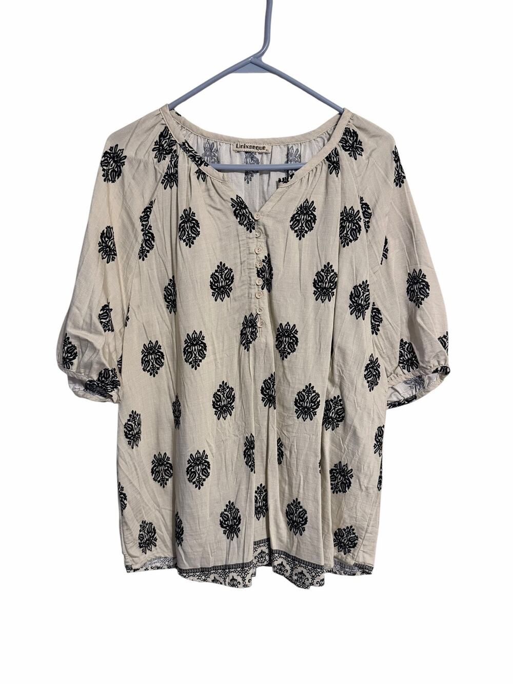 Unixseque Black and Tan Boho Blouse Women's Size XL